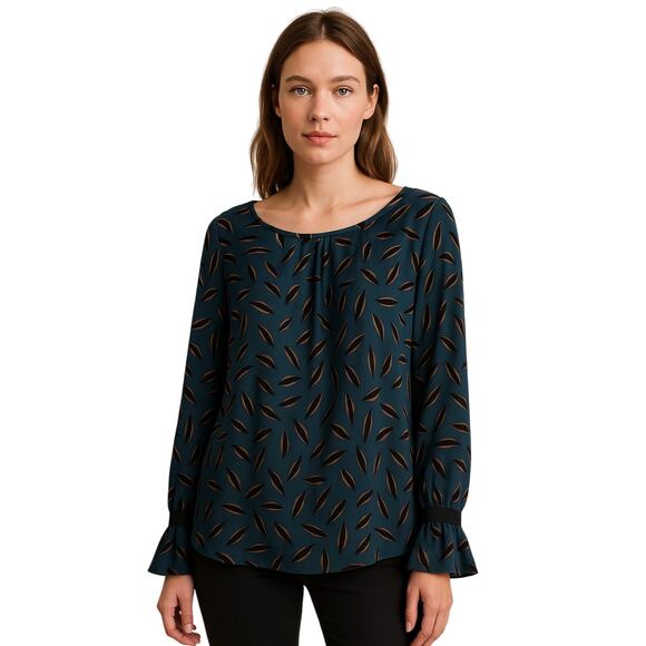 Y2K CAbi Leaf Print Flare Sleeve Blouse XL Blue Peach Sheer Workwear - Picture 1 of 6